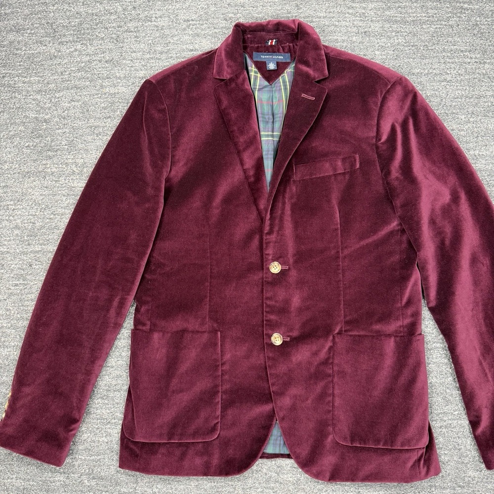 Tommy Hilfiger Velvet Blazer Jacket Sport Coat Men Medium Cotton Burgundy Party
